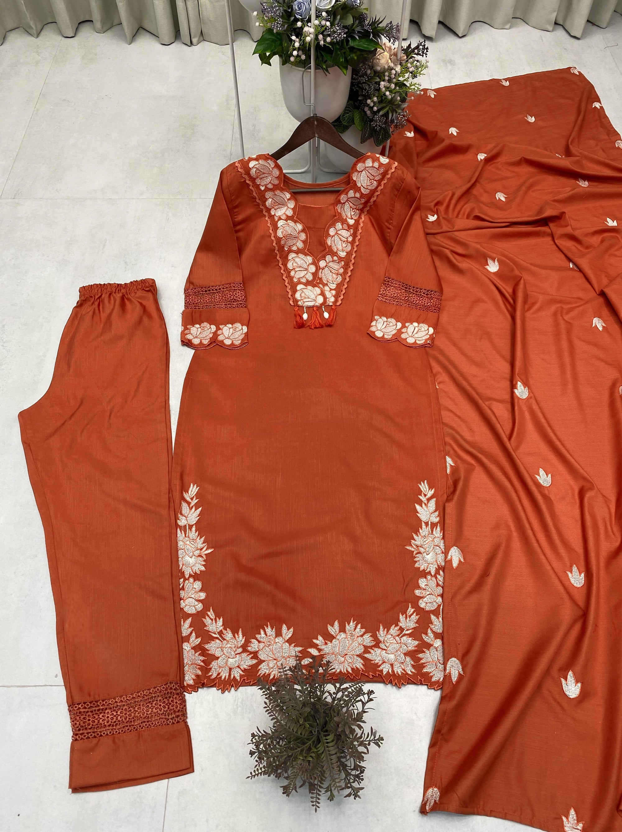 Women’s Embroidered Reyon Slub Cotton Suit Set with Pant & Dupatta - Party & Festive Wear Kurta Pant Set