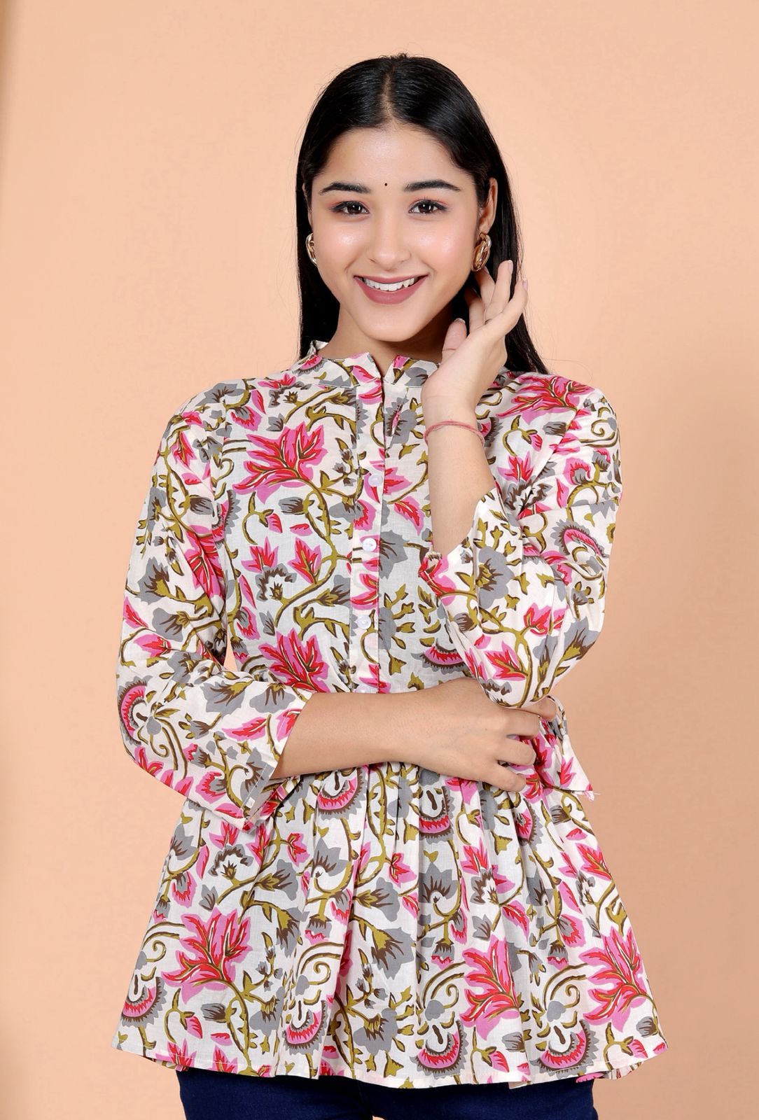 Casual Ethnic Wear Full Sleeves - Cotton Printed Peplum Short Top