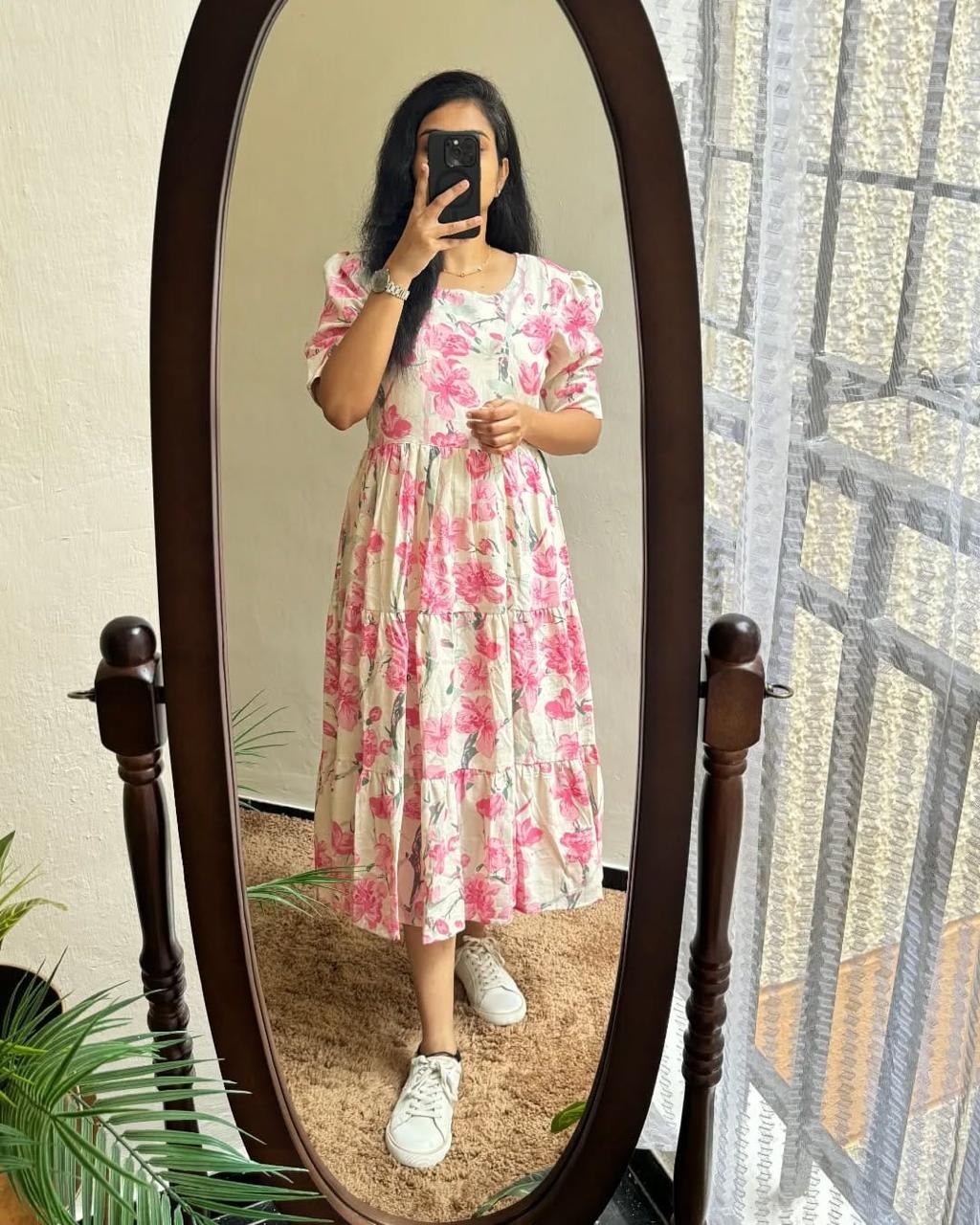 Women’s Floral Print Cotton Midi Dress | Jaipur Cotton Summer Gown | Casual & Party Wear