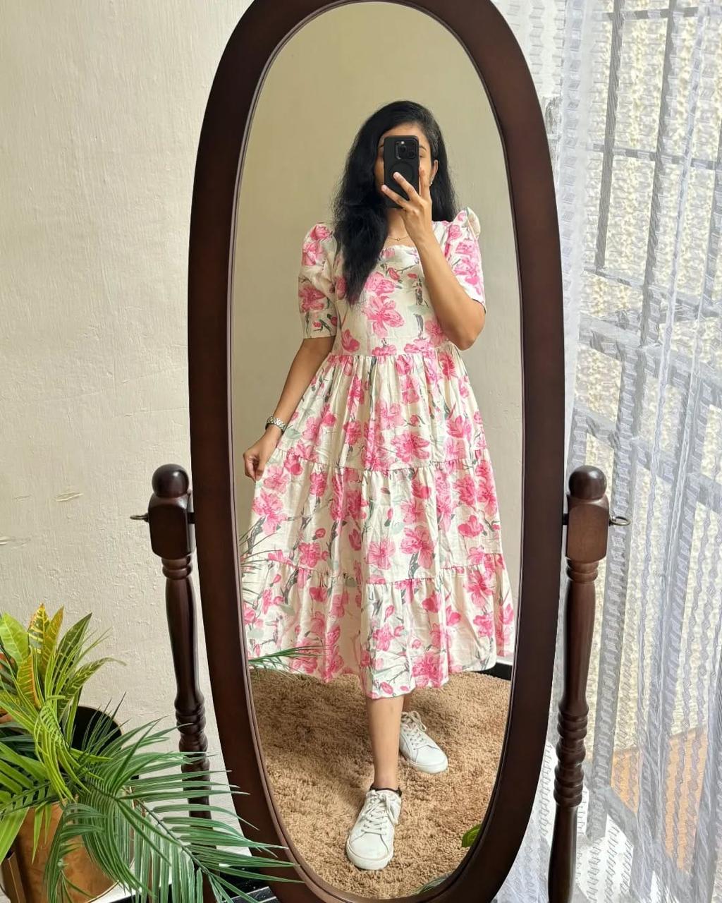 Women’s Floral Print Cotton Midi Dress | Jaipur Cotton Summer Gown | Casual & Party Wear
