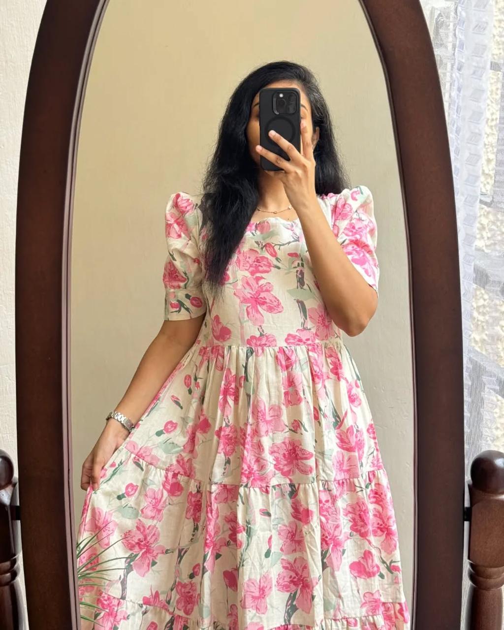 Women’s Floral Print Cotton Midi Dress | Jaipur Cotton Summer Gown | Casual & Party Wear