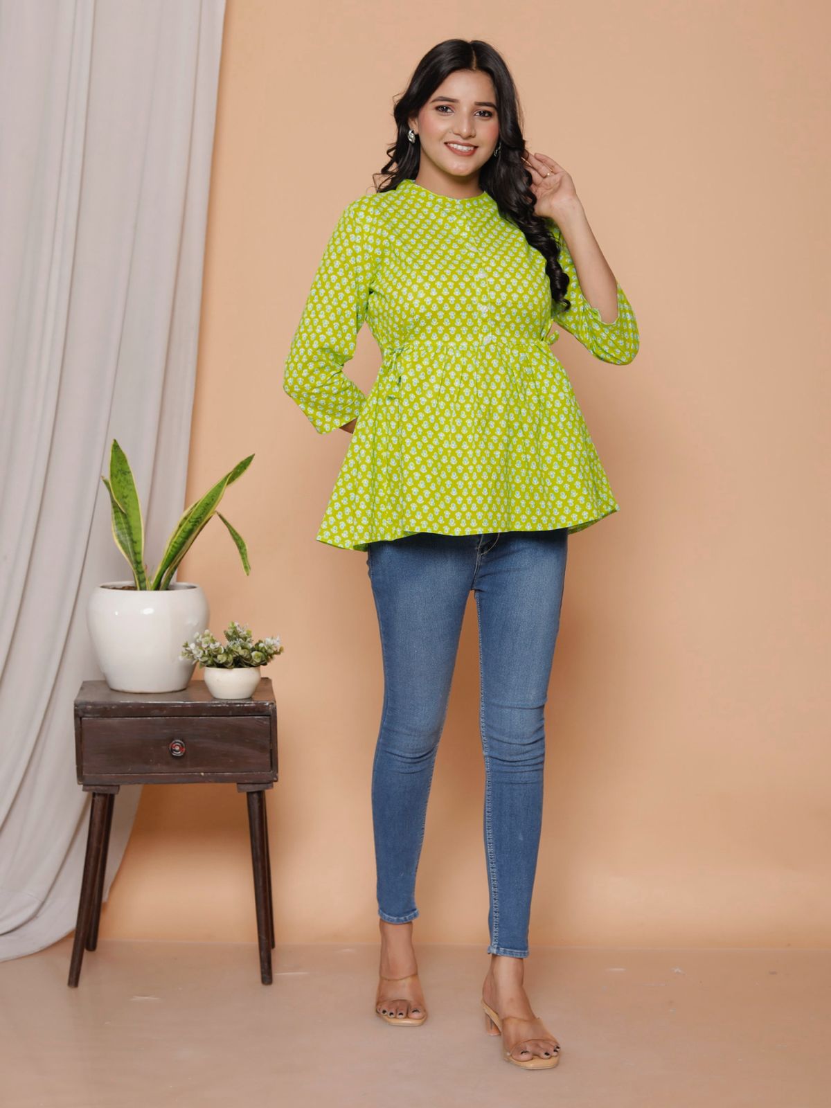 Women’s Cotton Printed Peplum Short Top - Full Sleeves Casual