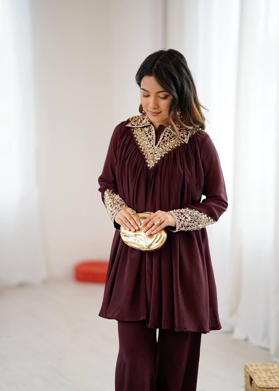 Women’s Designer Cord Set - Heavy Chinon Embroidery Sequence Work Top & Plazzo