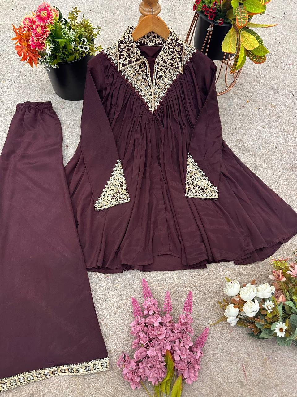 Women’s Designer Cord Set - Heavy Chinon Embroidery Sequence Work Top & Plazzo
