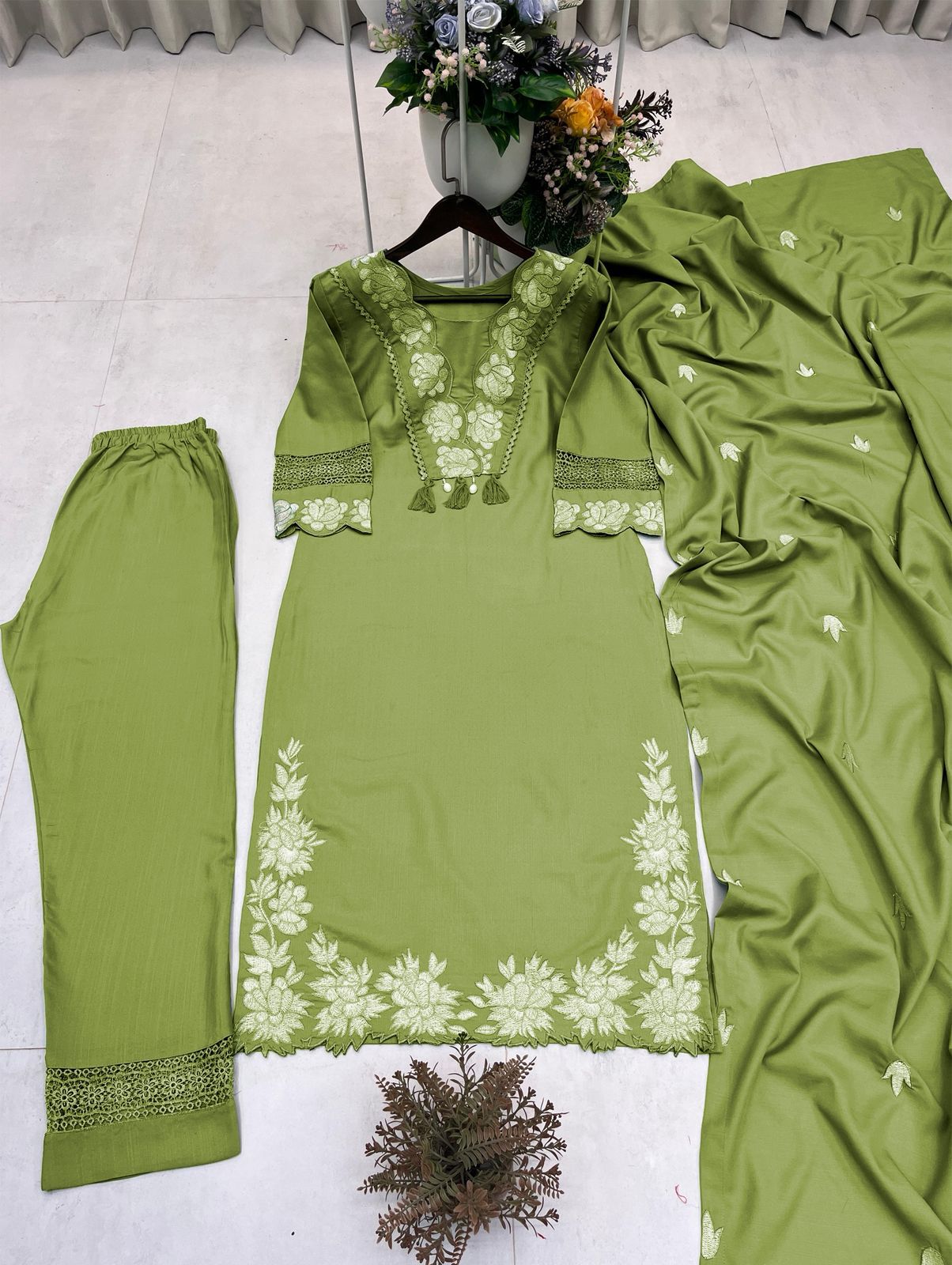 Women’s Party & Festive Wear Kurta Pant Set Embroidered Reyon Slub Cotton Suit Set with Pant & Dupatta