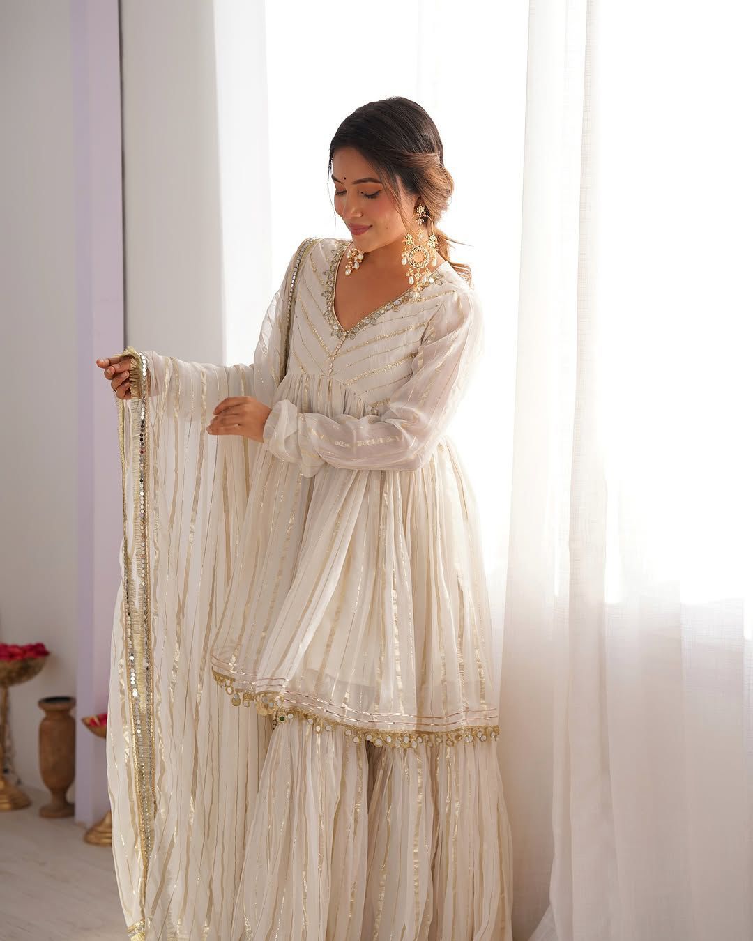 Women’s Mal Chanderi Sharara Set with Real Mirror & Handwork - Fully Stitched Kurta, Sharara & Dupatta