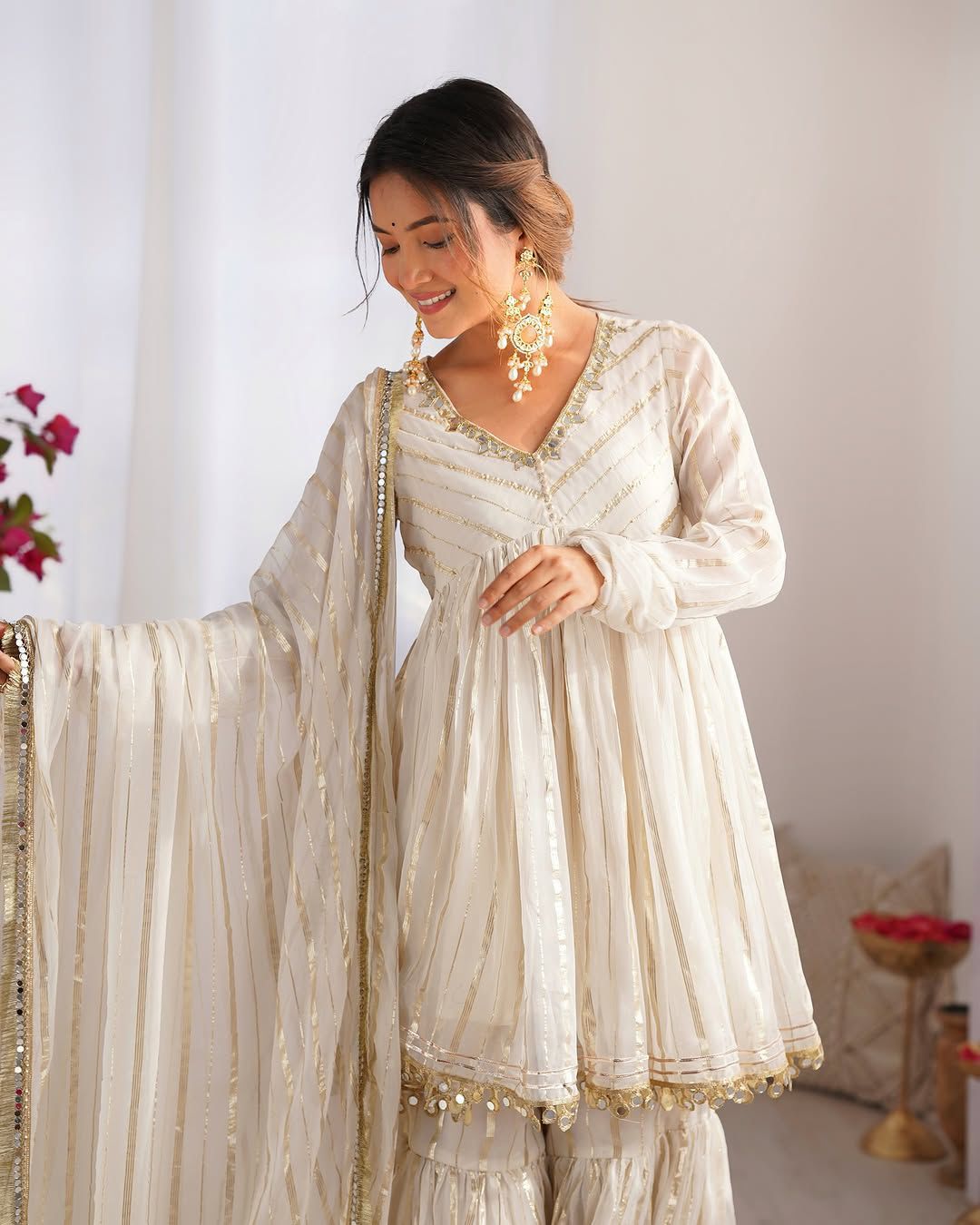 Women’s Mal Chanderi Sharara Set with Real Mirror & Handwork - Fully Stitched Kurta, Sharara & Dupatta
