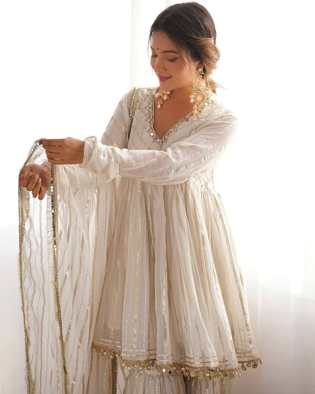 Women’s Mal Chanderi Sharara Set with Real Mirror & Handwork - Fully Stitched Kurta, Sharara & Dupatta