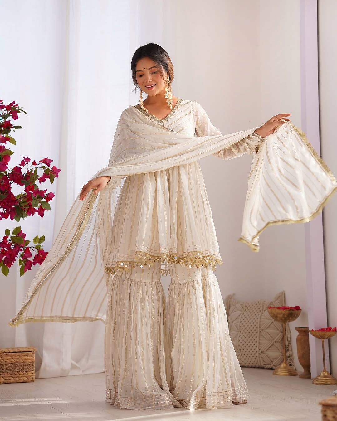 Women’s Mal Chanderi Sharara Set with Real Mirror & Handwork - Fully Stitched Kurta, Sharara & Dupatta