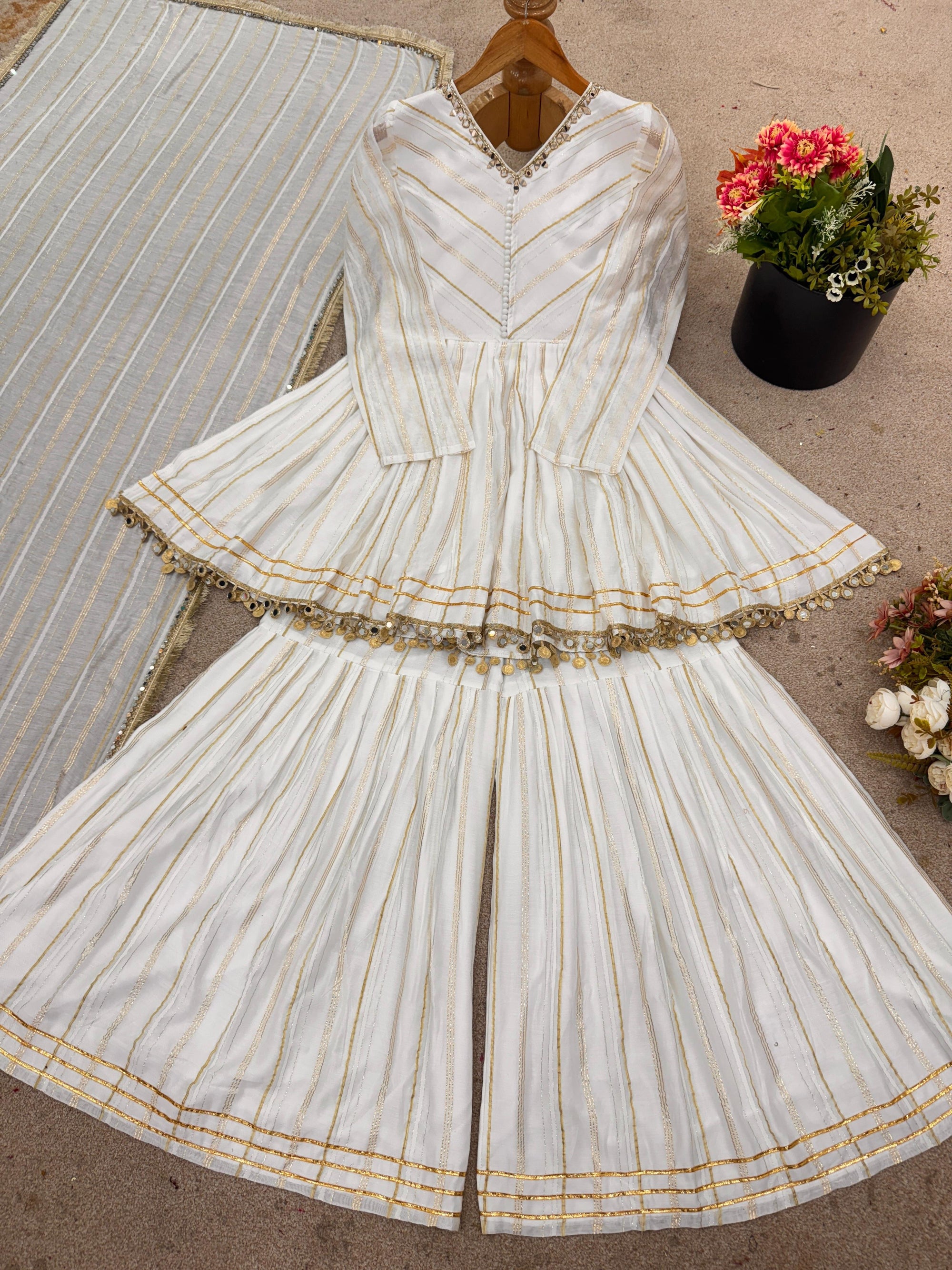 Women’s Mal Chanderi Sharara Set with Real Mirror & Handwork - Fully Stitched Kurta, Sharara & Dupatta