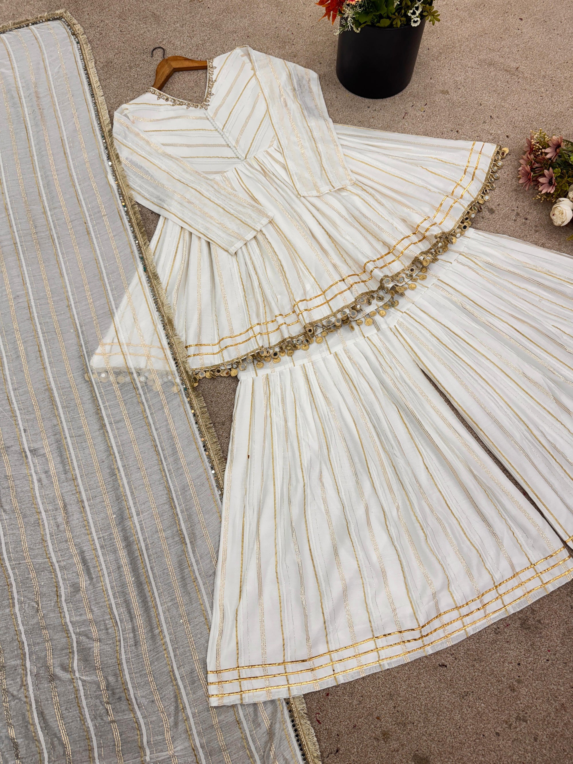Women’s Mal Chanderi Sharara Set with Real Mirror & Handwork - Fully Stitched Kurta, Sharara & Dupatta