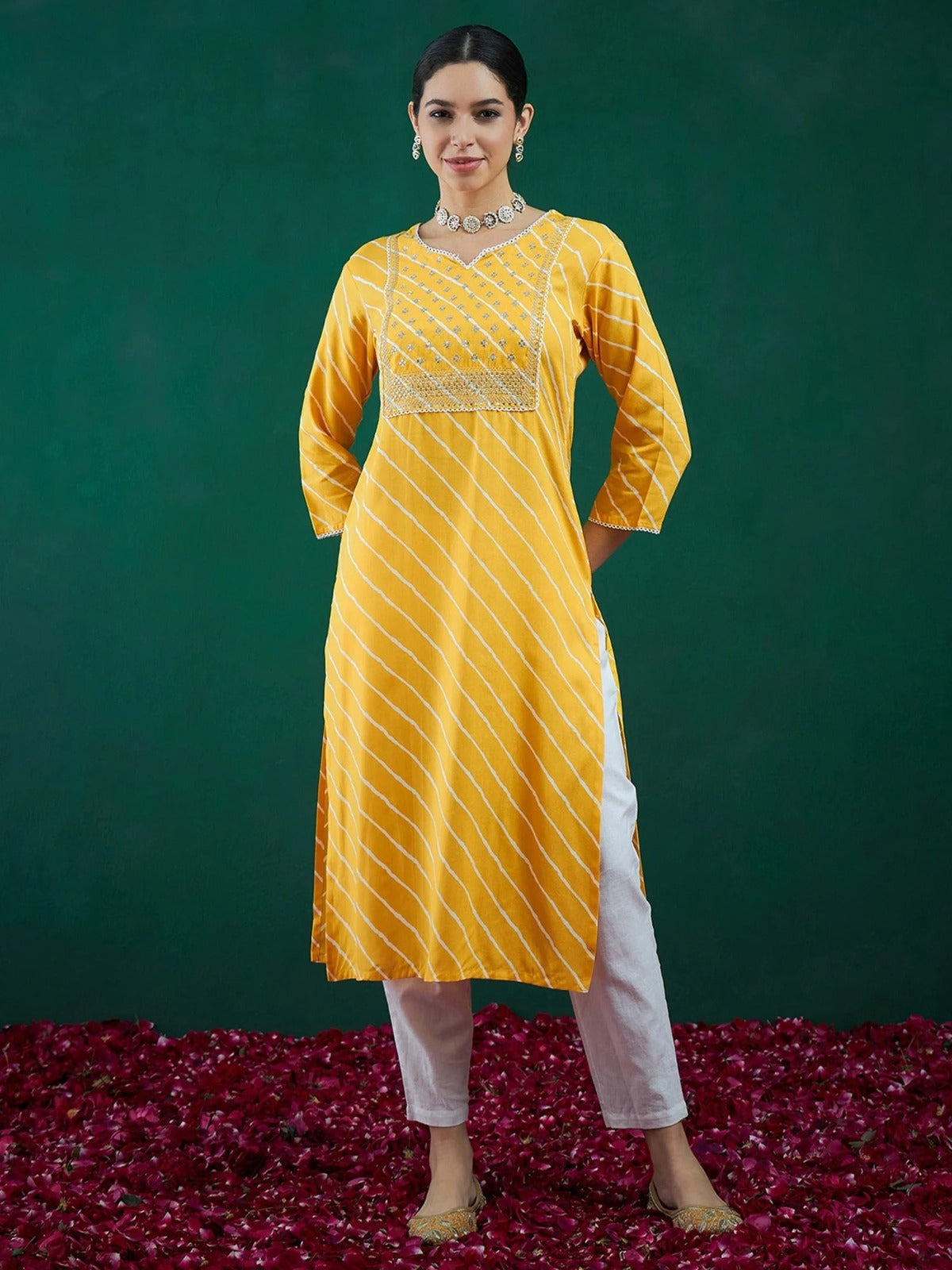 Ladies Rayon Embroidered Kurti | Lahariya Print Straight Kurta