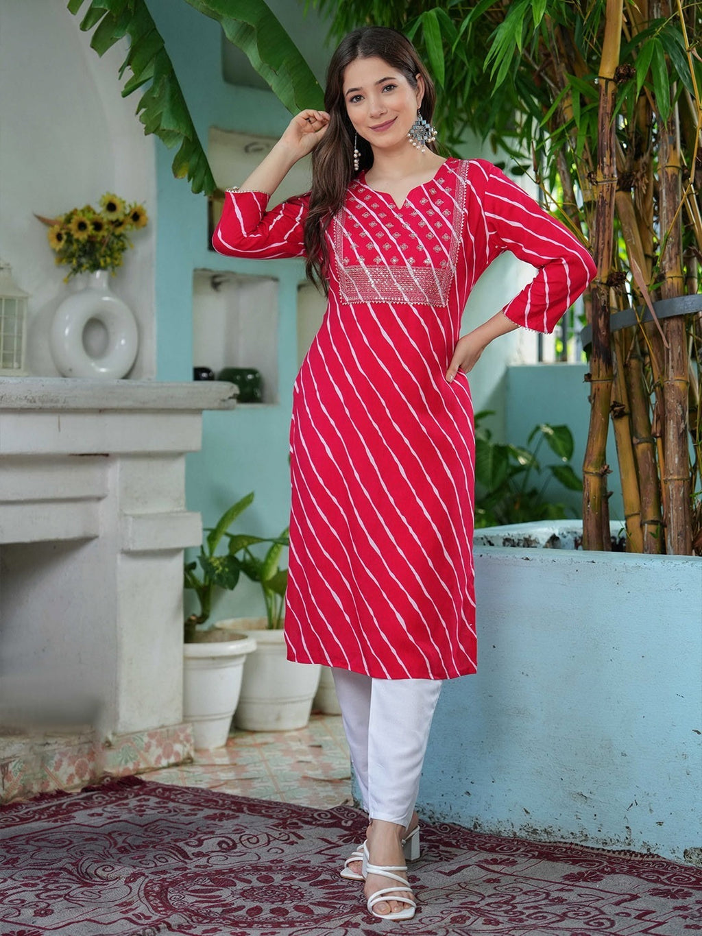 Premium Ladies Rayon Embroidered Kurti | Lahariya Print Straight Kurta with 3/4 Sleeves