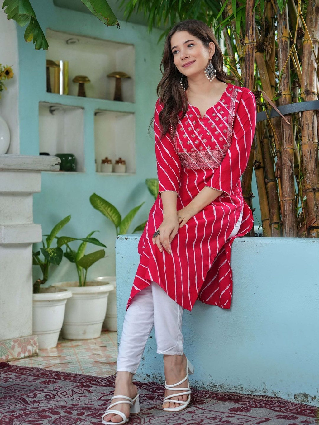 Premium Ladies Rayon Embroidered Kurti | Lahariya Print Straight Kurta with 3/4 Sleeves