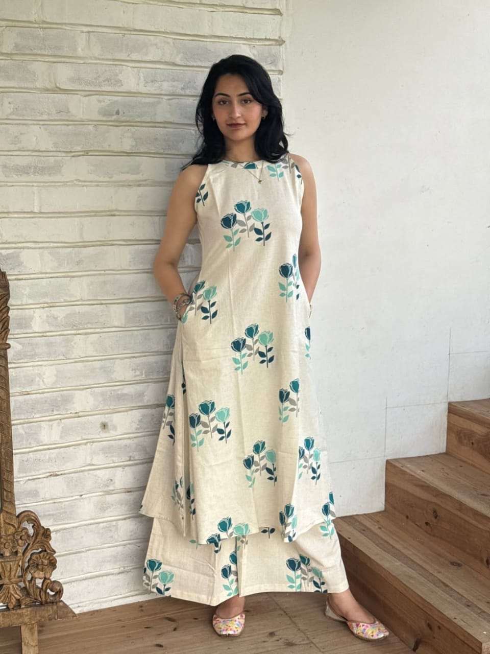Premium Floral Cotton Kurti Palazzo Set | A-Line Designer Co-ord Set with Ankle-Length Pants & Side Pockets
