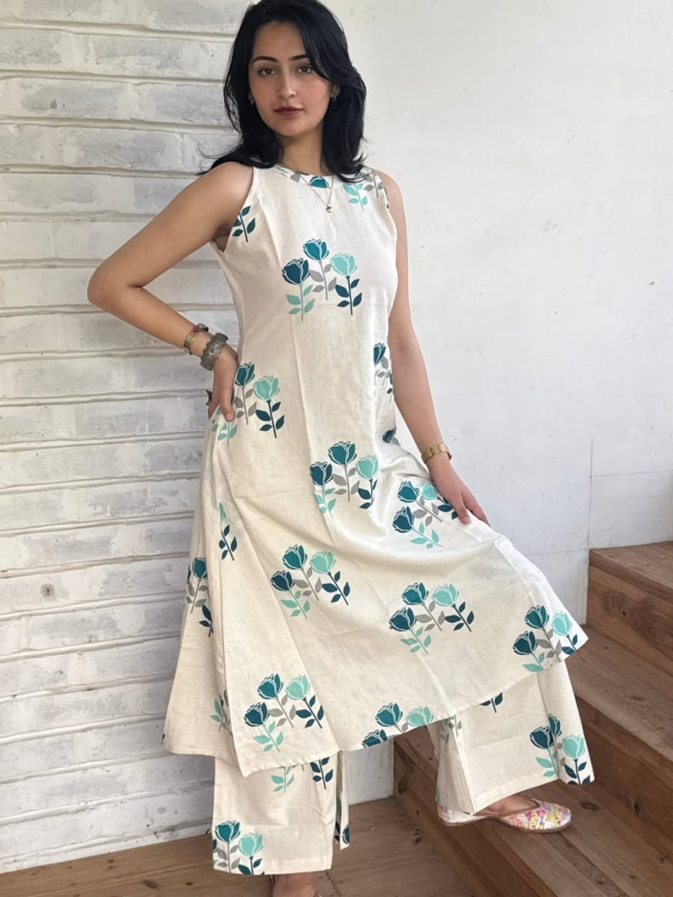 Premium Floral Cotton Kurti Palazzo Set | A-Line Designer Co-ord Set with Ankle-Length Pants & Side Pockets