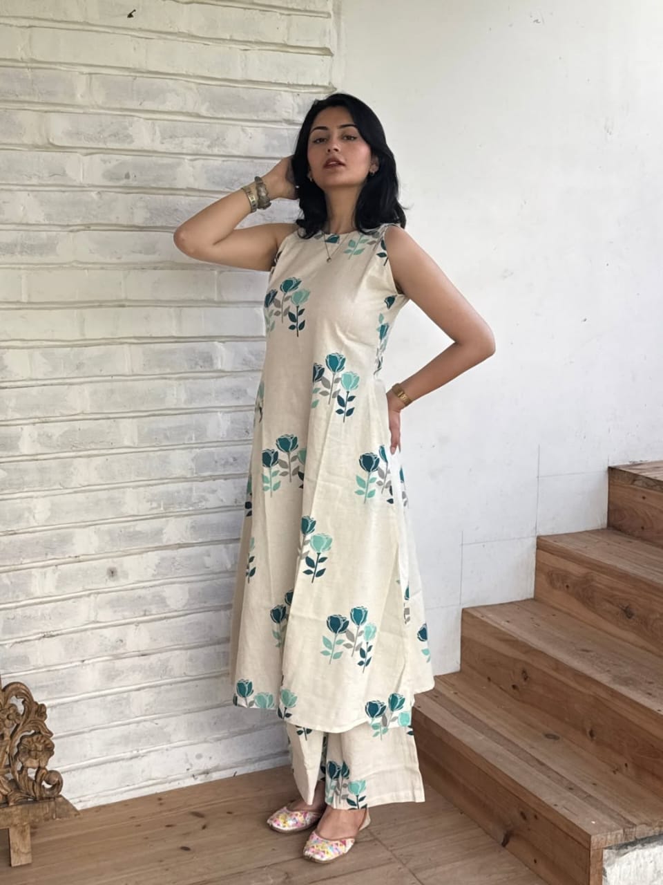 Premium Floral Cotton Kurti Palazzo Set | A-Line Designer Co-ord Set with Ankle-Length Pants & Side Pockets