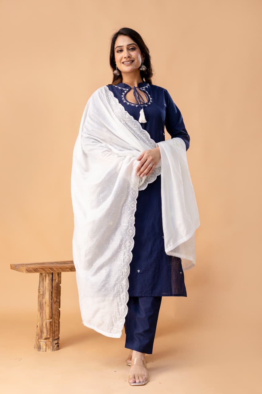 Women’s Cotton Handwork Straight Kurti Pant Dupatta Set | Keyhole Neck Embroidered Kurti with Chanderi Sequin Dupatta