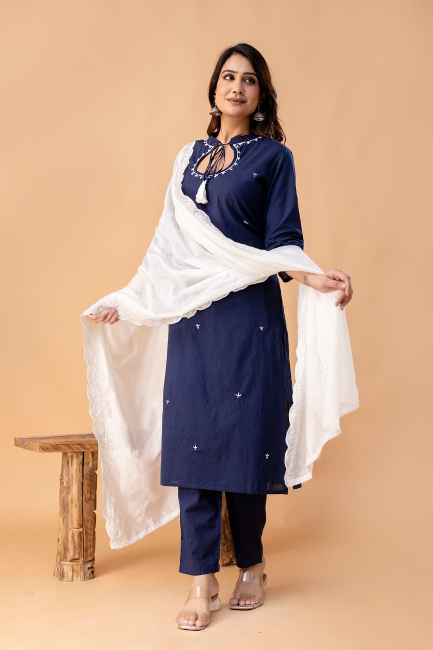 Women’s Cotton Handwork Straight Kurti Pant Dupatta Set | Keyhole Neck Embroidered Kurti with Chanderi Sequin Dupatta
