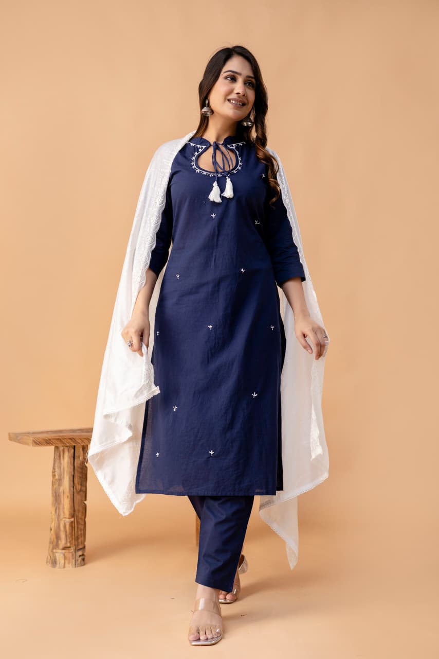Women’s Cotton Handwork Straight Kurti Pant Dupatta Set | Keyhole Neck Embroidered Kurti with Chanderi Sequin Dupatta