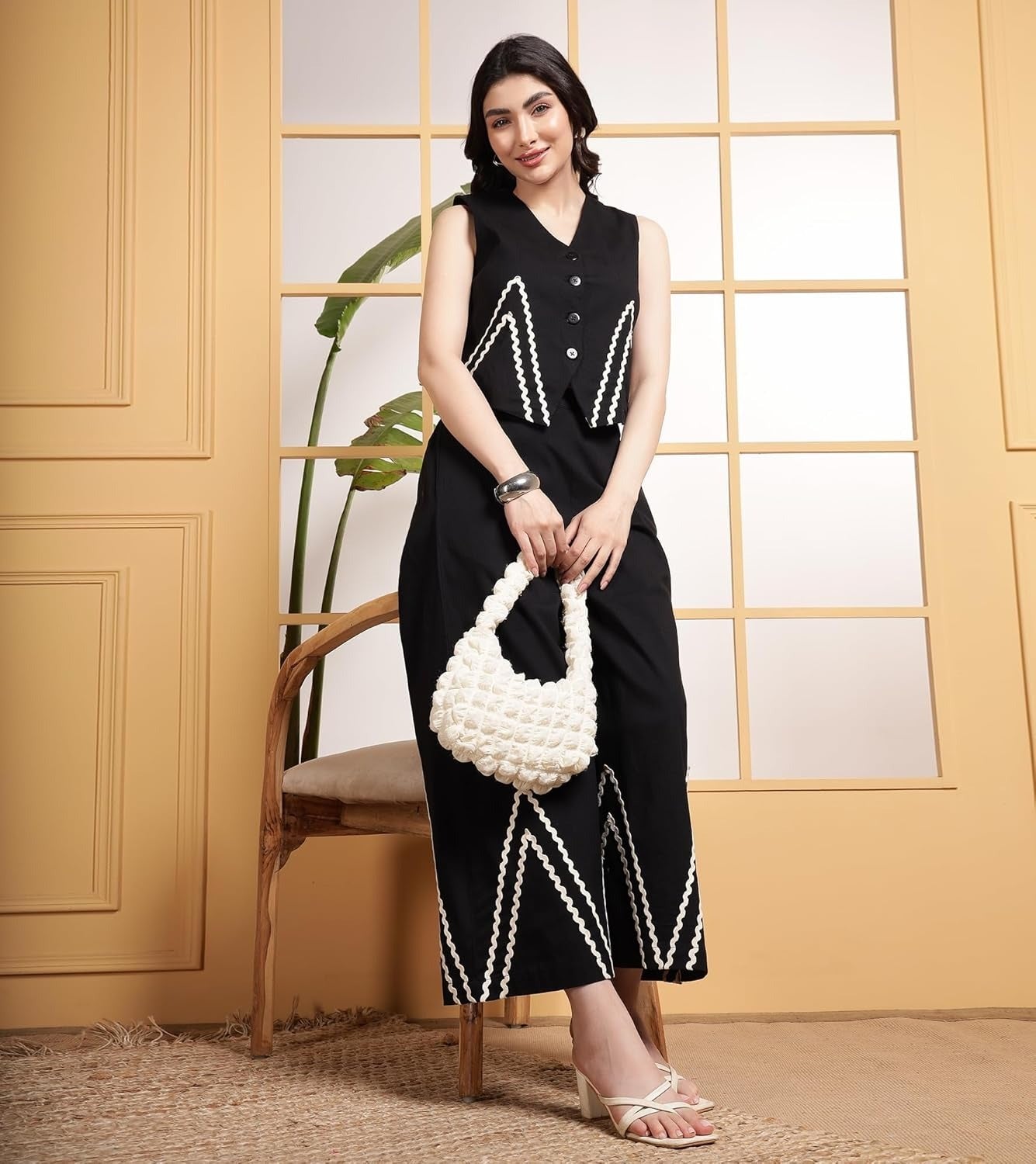 Women’s Elegant Black Co-ord Set | Cotton Slub Sleeveless Jacket Top with Zigzag Lace & Palazzo Pants