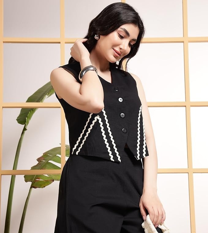 Women’s Elegant Black Co-ord Set | Cotton Slub Sleeveless Jacket Top with Zigzag Lace & Palazzo Pants