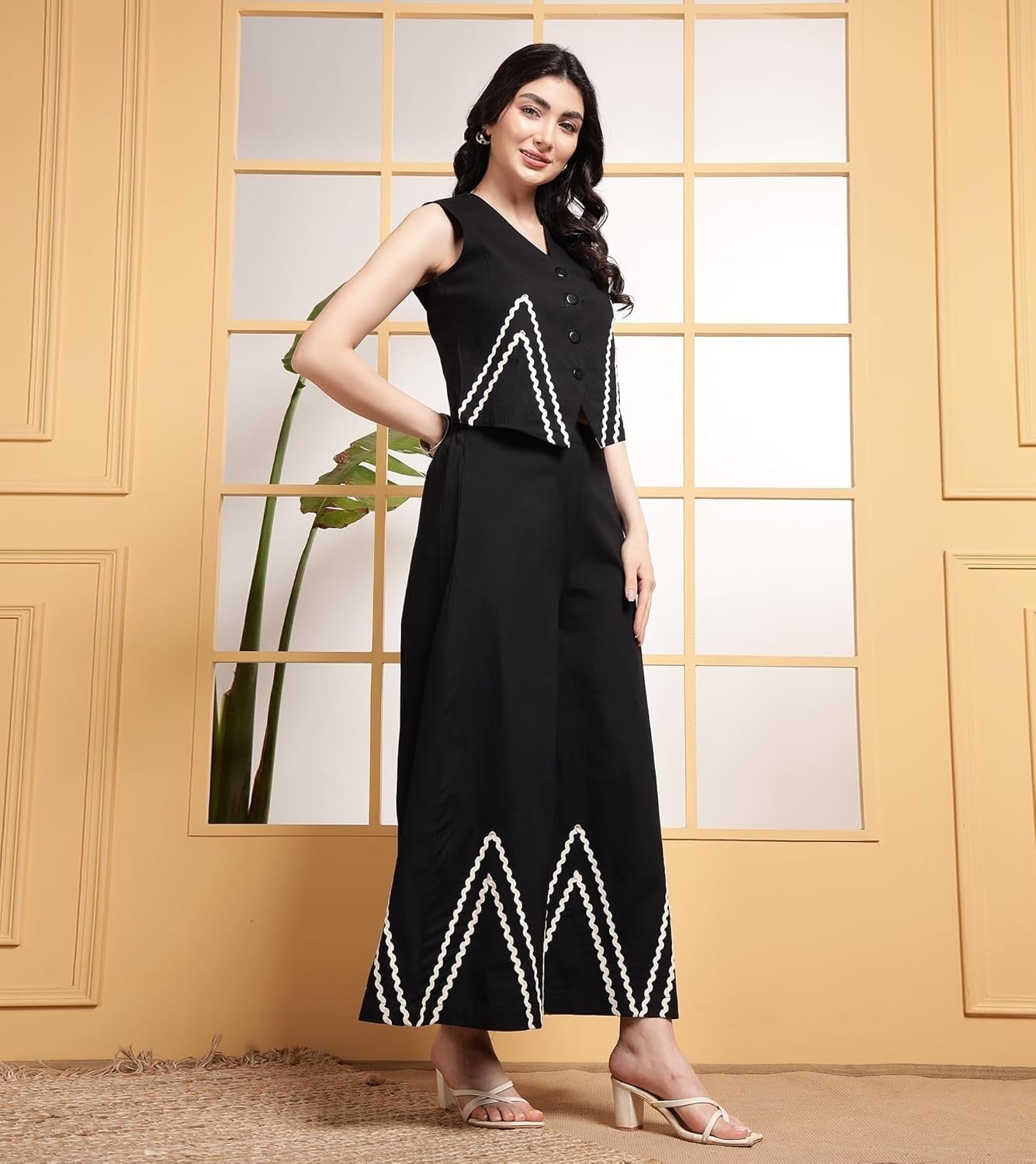 Women’s Elegant Black Co-ord Set | Cotton Slub Sleeveless Jacket Top with Zigzag Lace & Palazzo Pants