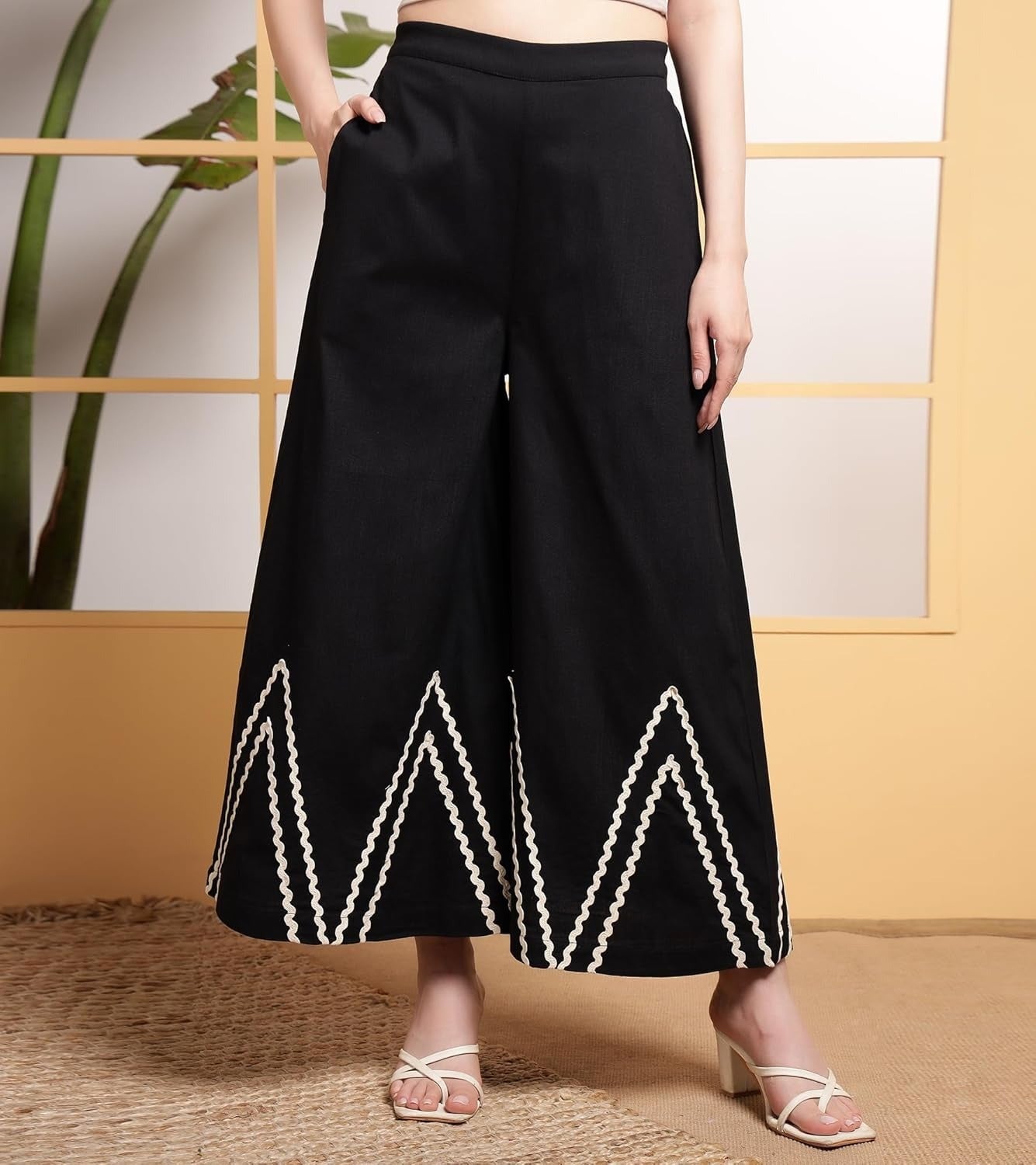 Women’s Elegant Black Co-ord Set | Cotton Slub Sleeveless Jacket Top with Zigzag Lace & Palazzo Pants