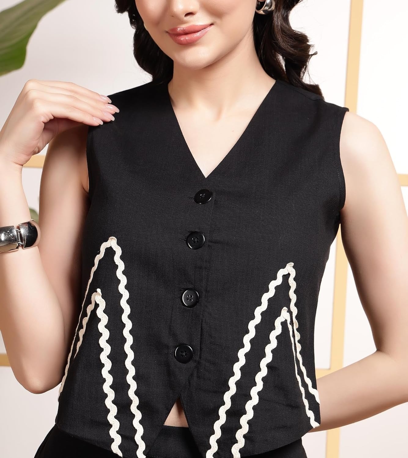 Women’s Elegant Black Co-ord Set | Cotton Slub Sleeveless Jacket Top with Zigzag Lace & Palazzo Pants