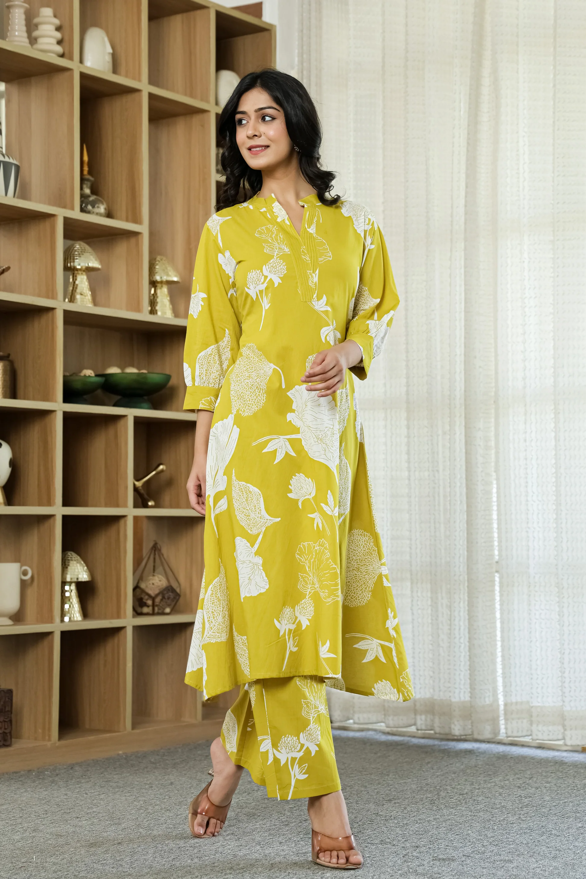 Yellow Floral Cotton Co-ord Set for Women