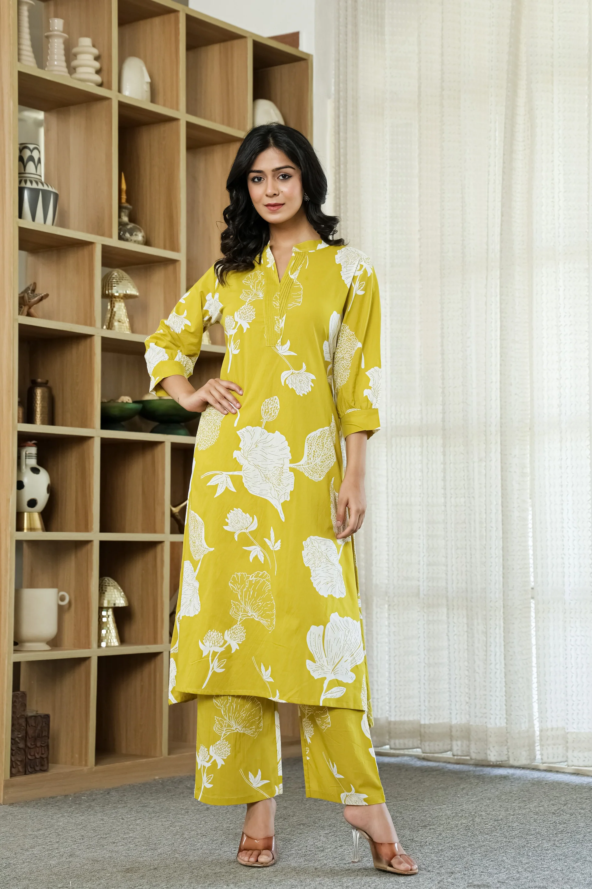Yellow Floral Cotton Co-ord Set for Women