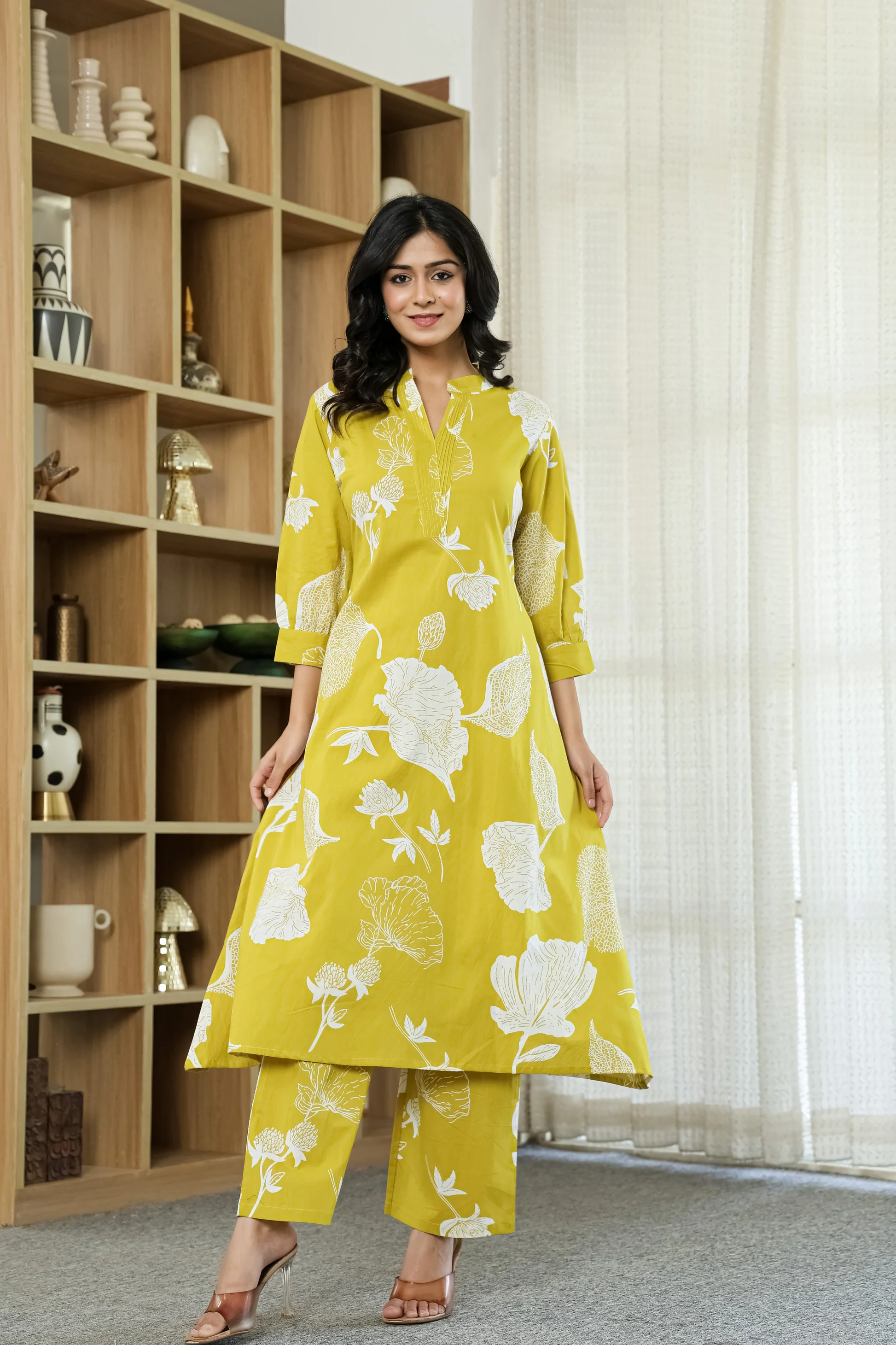 Yellow Floral Cotton Co-ord Set for Women