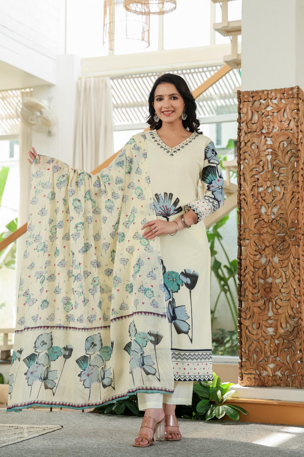 Cotton Printed Kurta Pant Dupatta Set – 3 Piece Suit for Women