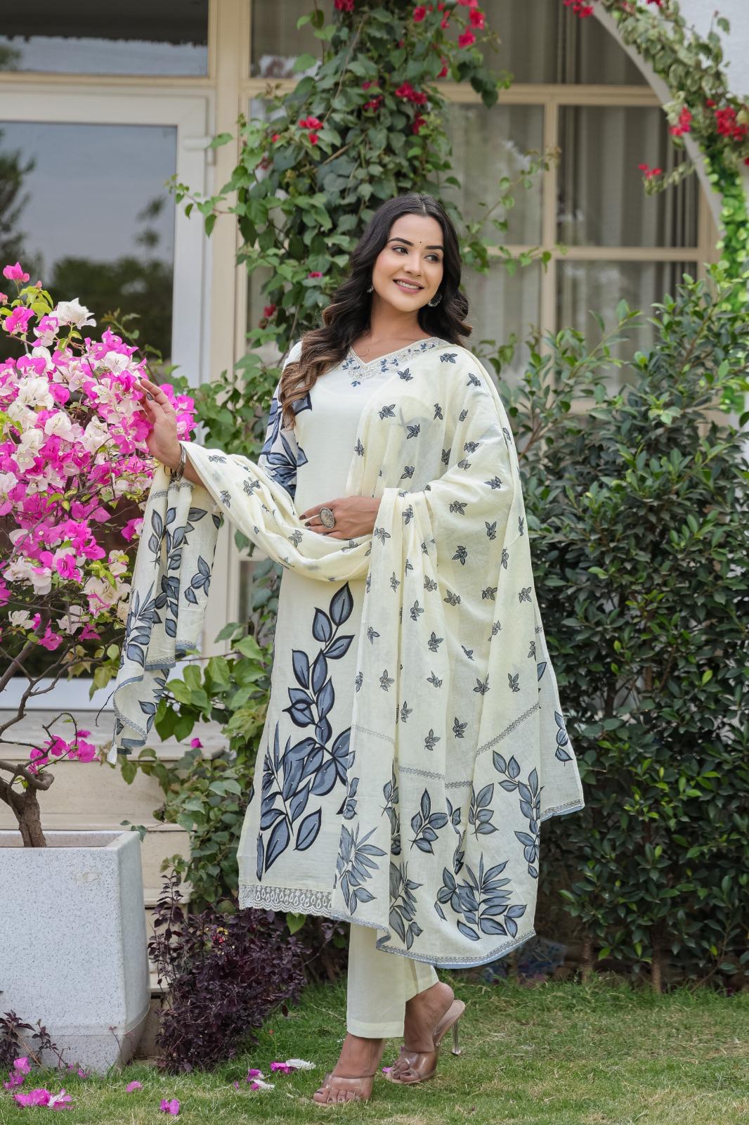 Cotton Printed Kurta Pant Dupatta Set – 3 Piece Suit for Women
