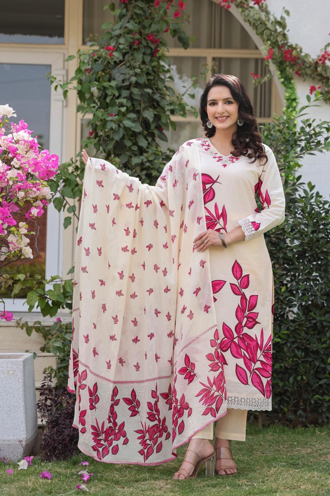 Cotton Printed Kurta Pant Dupatta Set – 3 Piece Suit for Women