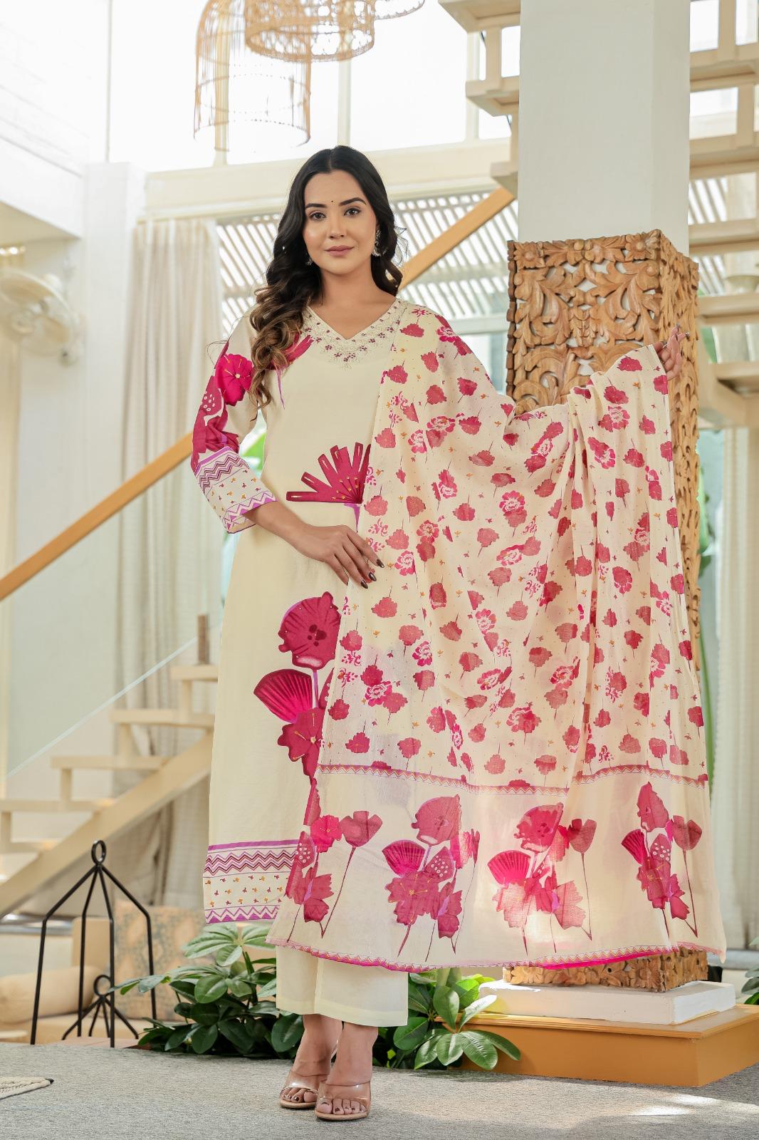 Cotton Printed Kurta Pant Dupatta Set – 3 Piece Suit for Women
