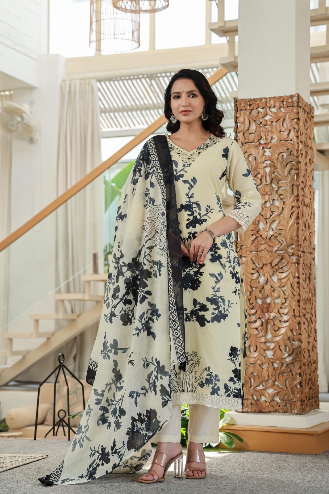Cotton Printed Kurta Pant Dupatta Set – 3 Piece Suit for Women