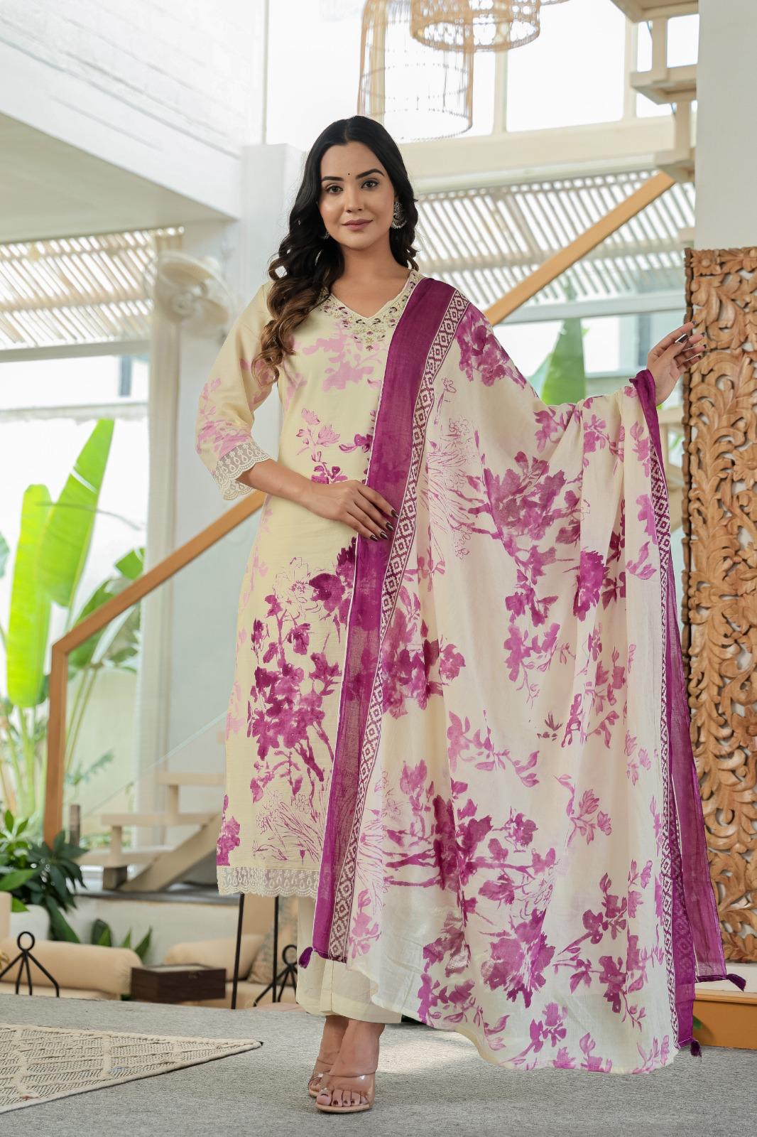 Cotton Printed Kurta Pant Dupatta Set – 3 Piece Suit for Women